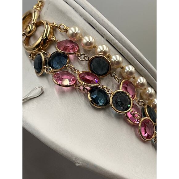 D.S. Co. Daniel Swarovski Vintage Triple Strand Pearl Pink Blue Crystal Necklace - Picture 8 of 11